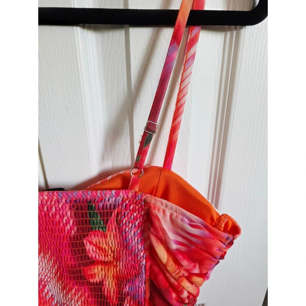 Madden NYC M Pink Orange Tropical Mesh Shirred Bustier Crop Top Medium NWT